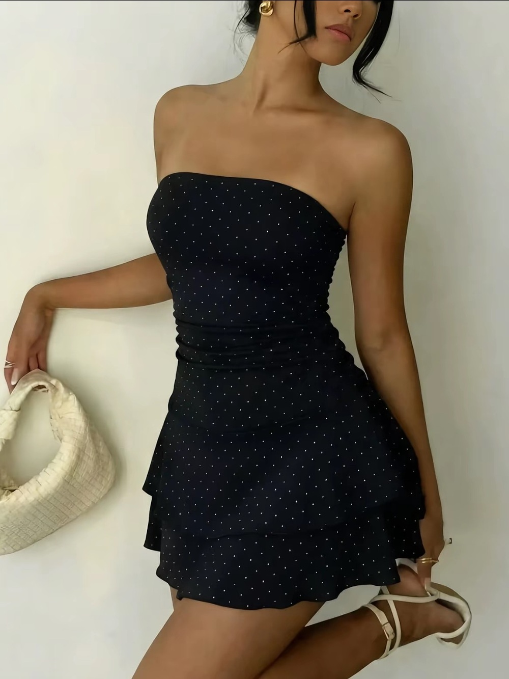 Strapless Black Polka Dot Tiered Mini Dress